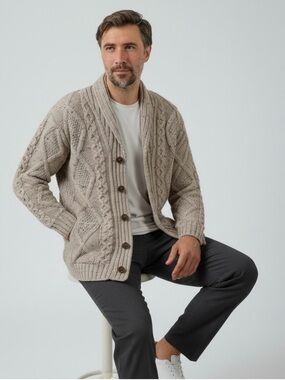 Aran Crafts Men's Merino Wool Shawl Neck Diamond Cardigan Oatmeal Size: Large